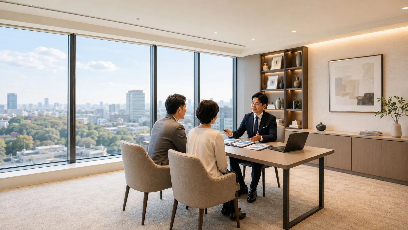 街並みを望む面談室で、ご夫婦と担当者が資料を前に穏やかに話している様子。